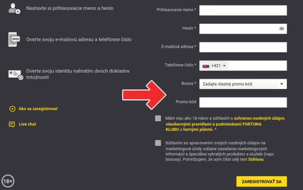 Zaregistruj sa vo Fortune a zadaj promo kód